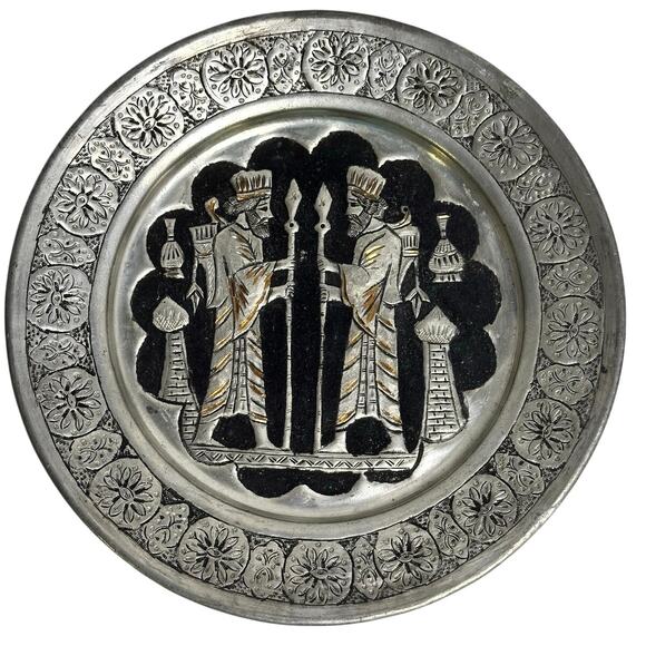 Persian Qajar Pewter Copper Inlay Mid Century Hand Crafted Etched Wall Art - Picture 1 of 7